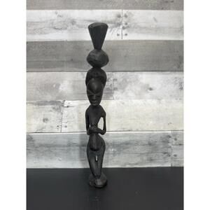 African Wood Hand Carved Pregnant Woman Kneeling With Water Basin On Head -Crack